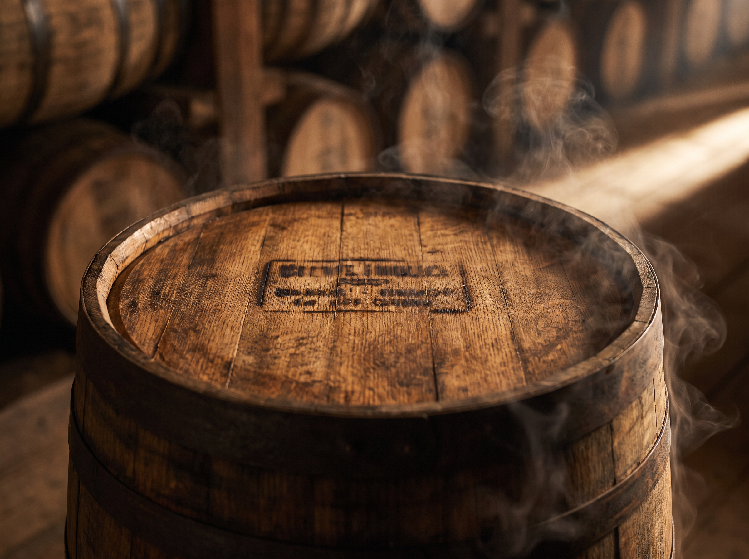Close-up of a branded oak whiskey barrel head with warm light and rising steam