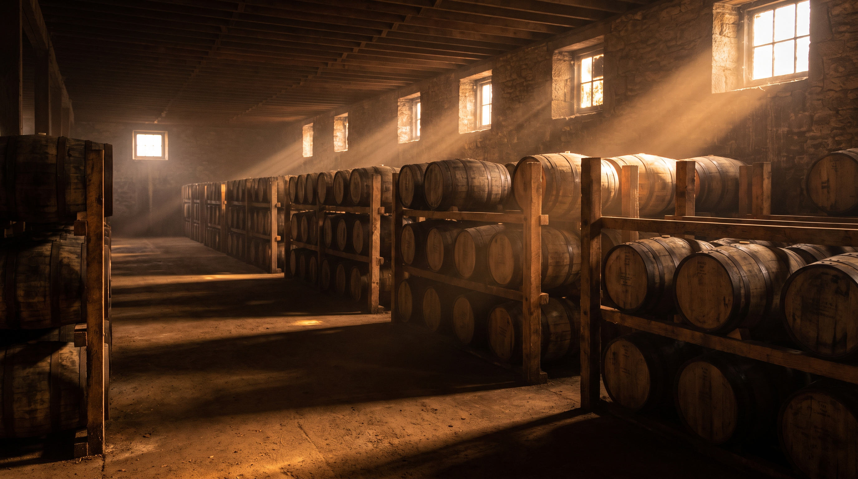 Rows of oak whiskey barrels aging in a warm, sunlit rickhouse warehouse